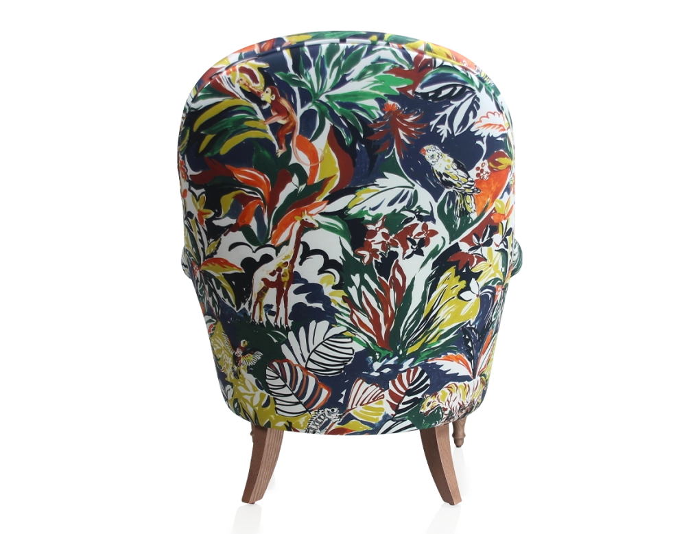 Toad armchair with armrests walnut-stained wooden legs and high-backed jungle fabric Toad armchair with armrests walnut-stained wooden legs and high-backed jungle fabric