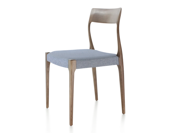 Scandinavian chair dark brown stained wood, blue chevron fabric seat