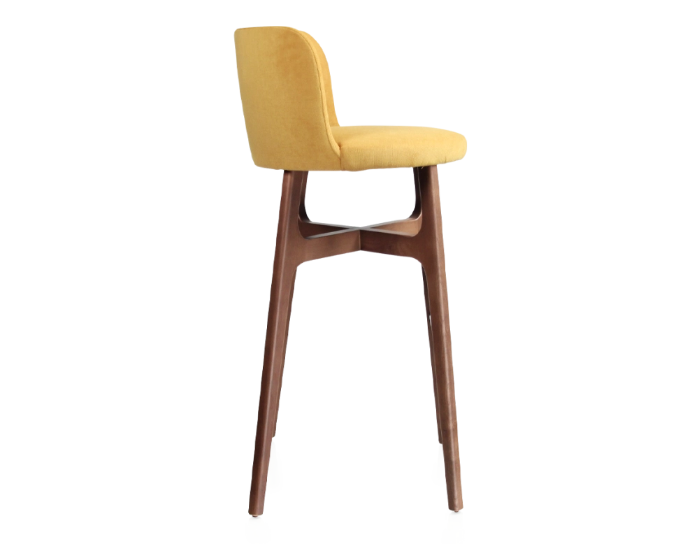 Bar stool h80 cm walnut-stained wood, yellow fabric seat Bar stool h80 cm walnut-stained wood, yellow fabric seat