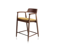 Tabouret de bar h60 cm bois teinte noyer assise tissu jaune Tabouret de bar h60 cm bois teinte noyer assise tissu jaune