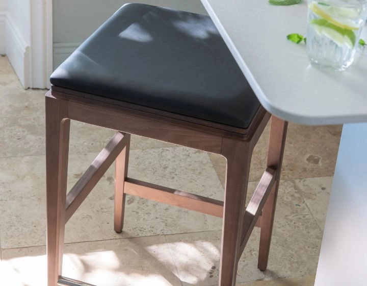 H60 cm designer bar stool walnut stained wood, ebony leather seat H60 cm designer bar stool walnut stained wood, ebony leather seat