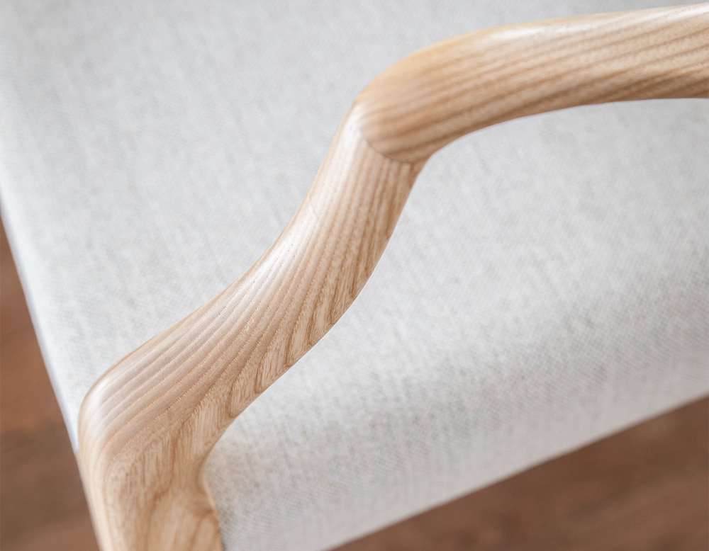 Scandinavian armchair with armrests natural stained wood seat natural beige fabric Scandinavian armchair with armrests natural stained wood seat natural beige fabric