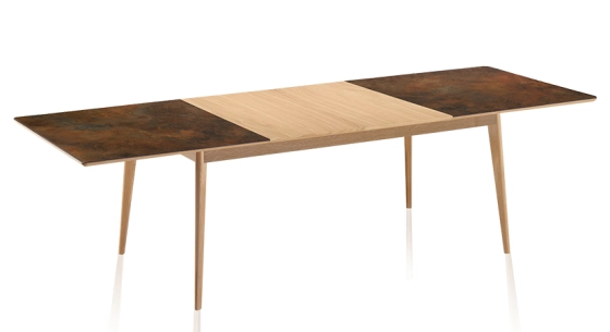 Extendable table for 6 to 12 people in oak and ceramic with wooden extensions with natural stained wood and plain black ceramic top 140x100 cm