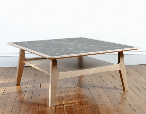 Square coffee table in oak and ceramic with natural tint wood black marble effect ceramic top 100x100 cm