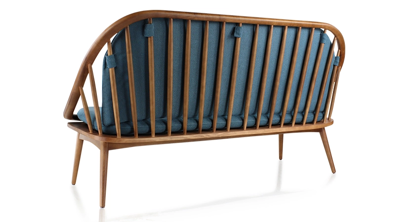 Canapé scandinave 2 places bois teinte merisier et tissu bleu océan Canapé scandinave 2 places bois teinte merisier et tissu bleu océan