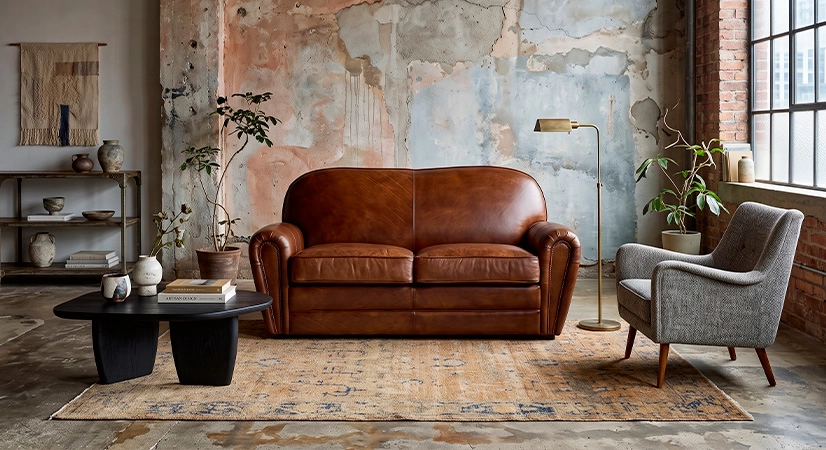 2 seater leather club sofa vintage brown studded armrests