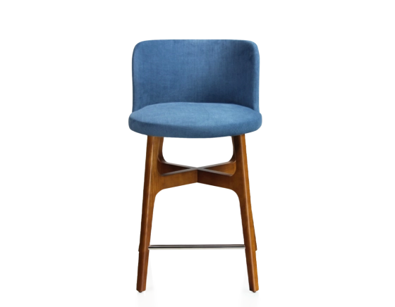 Tabouret de bar h60 cm bois teinte merisier assise tissu bleu jean