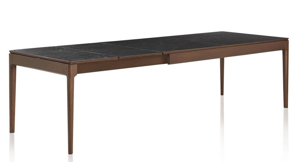 Table extensible 8 à 12 personnes en chêne et céramique allonges céramique avec bois teinte marron foncé et plateau et allonges céramique effet ardoise 180x100 cm