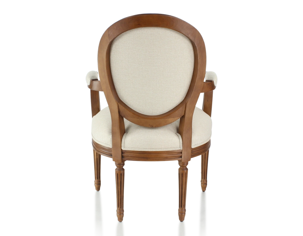 Fauteuil ancien style Louis XVI bois teinte ancienne et tissu chevron beige Fauteuil ancien style Louis XVI bois teinte ancienne et tissu chevron beige