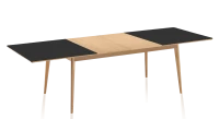 Table extensible 6 à 10 personnes en chêne et céramique allonges bois avec bois teinte naturelle et plateau céramique noir unie 140x90 cm