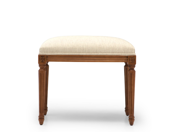 Louis XVI style antique stool wood antique stain and beige mottled fabric.