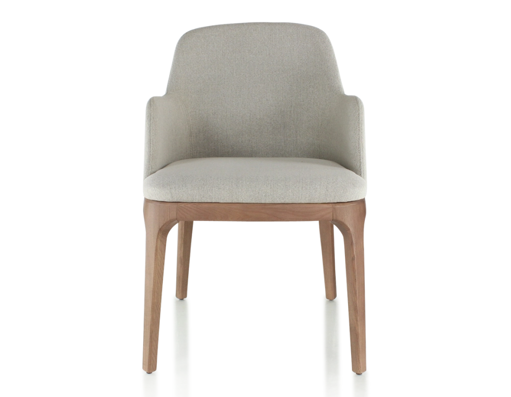 Chaise design avec accoudoirs bois teinte noyer et tissu beige naturel Chaise design avec accoudoirs bois teinte noyer et tissu beige naturel