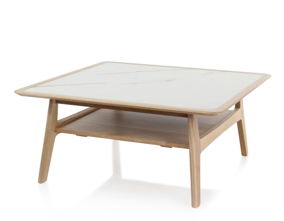 Table basse carrée en chêne naturel dessus céramique effet marbre blanc 100x100 cm