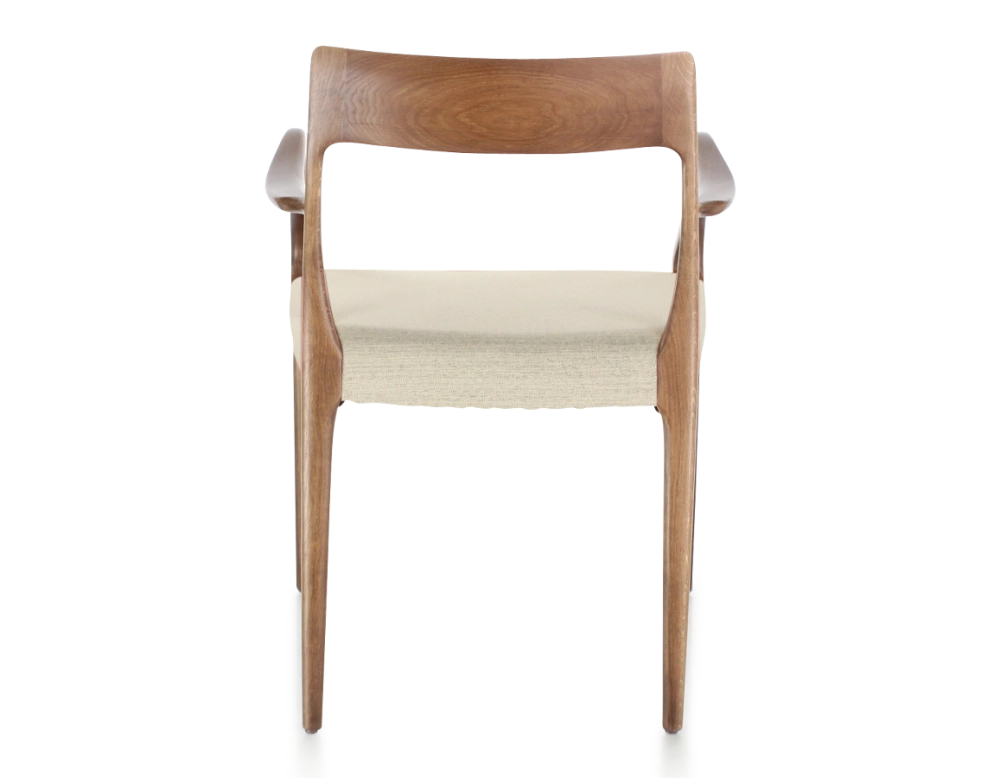 Scandinavian armchair with armrests walnut-stained wood, camel-coloured fabric seat Scandinavian armchair with armrests walnut-stained wood, camel-coloured fabric seat