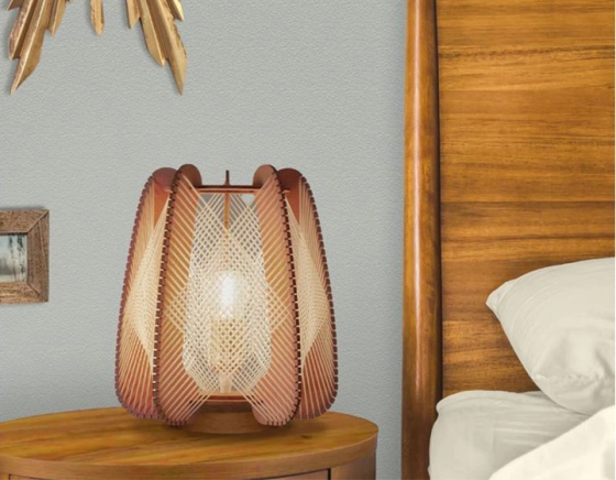 Lamp on wooden base and cross woven cotton thread