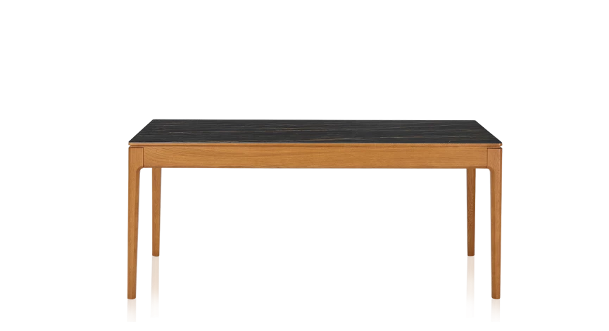 Table extensible en chêne et céramique allonges céramique avec bois teinte merisier et plateau et allonges céramique effet marbre noir 140x90 cm