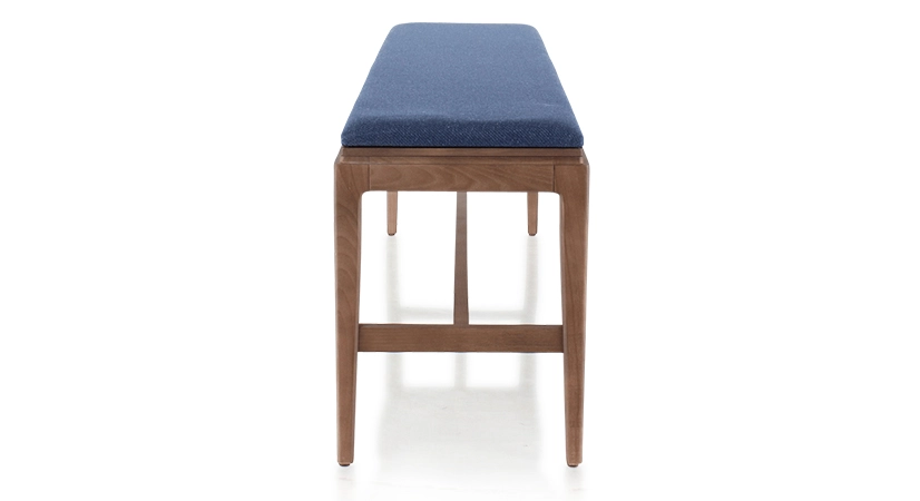 Banc design bois teinte noyer assise tissu bleu marine L120 cm Banc design bois teinte noyer assise tissu bleu marine L120 cm