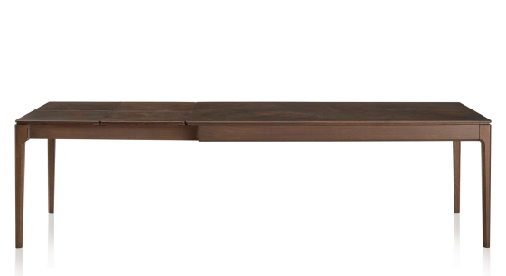 Table extensible 8 à 14 personnes en chêne et céramique allonges céramique avec bois teinte marron foncé et plateau et allonges céramique brun oxydé 210x100 cm