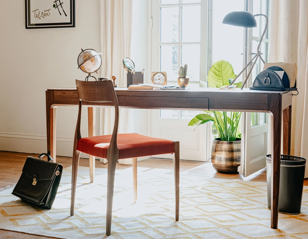 Scandinavian chair walnut-stained wood burgundy fabric seat Scandinavian chair walnut-stained wood burgundy fabric seat