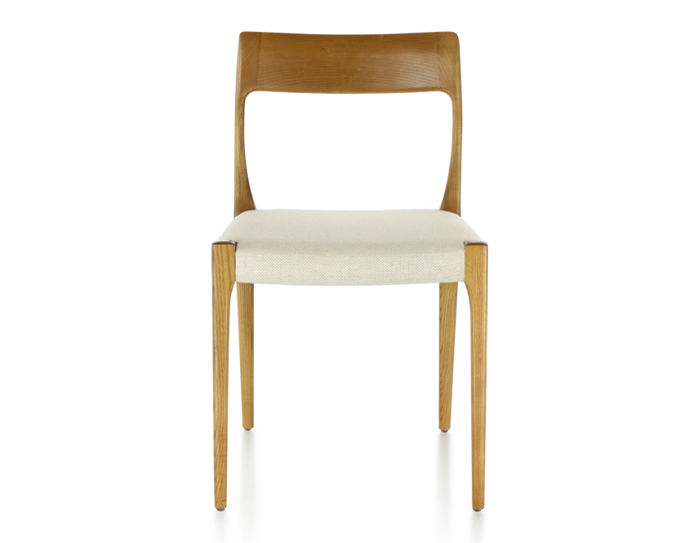 Scandinavian chair cherry-stained wood, beige chevron fabric seat Scandinavian chair cherry-stained wood, beige chevron fabric seat