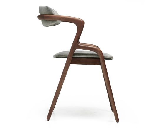 Scandinavian chair walnut wood with a grey-blue velvet fabric seat.