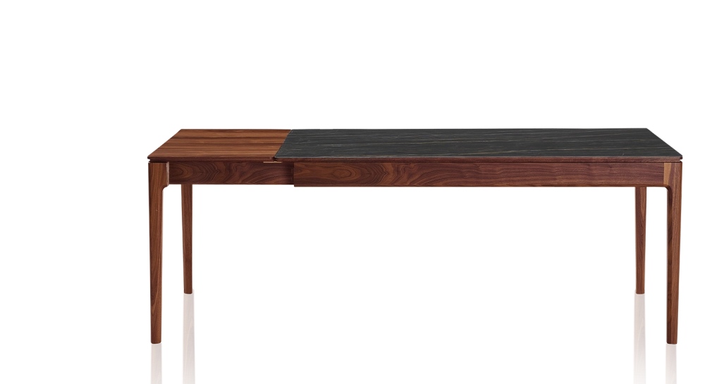 Table extensible 8 à 14 personnes en noyer et céramique allonges bois avec bois teinte naturelle et plateau céramique effet marbre noir 210x100 cm Table extensible 8 à 14 personnes en noyer et céramique allonges bois avec bois teinte naturelle et plateau céramique effet marbre noir 210x100 cm