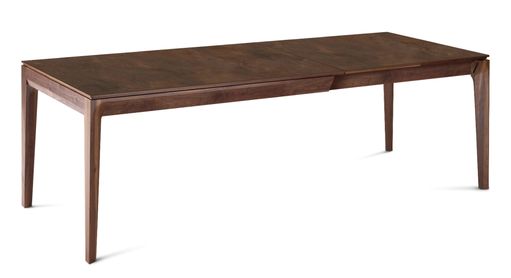 Table extensible 8 à 12 personnes en noyer et céramique allonges céramique avec bois teinte naturelle et plateau et allonges céramique brun oxydé 180x100 cm