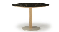 Table salle à manger ronde en chêne et céramique 4 à 6 personnes avec bois teinte naturelle et plateau céramique effet marbre noir 110x110