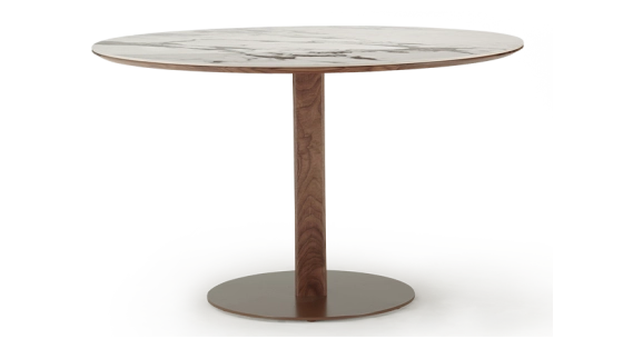 Table salle à manger ronde en noyer et céramique 4 à 6 personnes avec bois teinte naturelle et plateau céramique effet marbre blanc 110x110