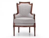 Fauteuil bergère style Louis XVI bois teinte ancienne et tissu pied de poule blanc et taupe Fauteuil bergère style Louis XVI bois teinte ancienne et tissu pied de poule blanc et taupe