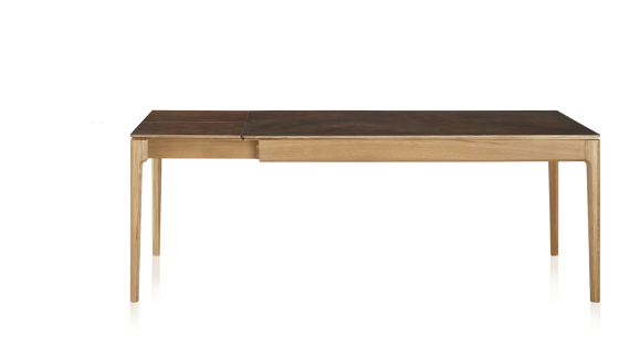Table extensible 8 à 14 personnes en chêne et céramique allonges céramique avec bois teinte naturelle et plateau et allonges céramique brun oxydé 210x100 cm