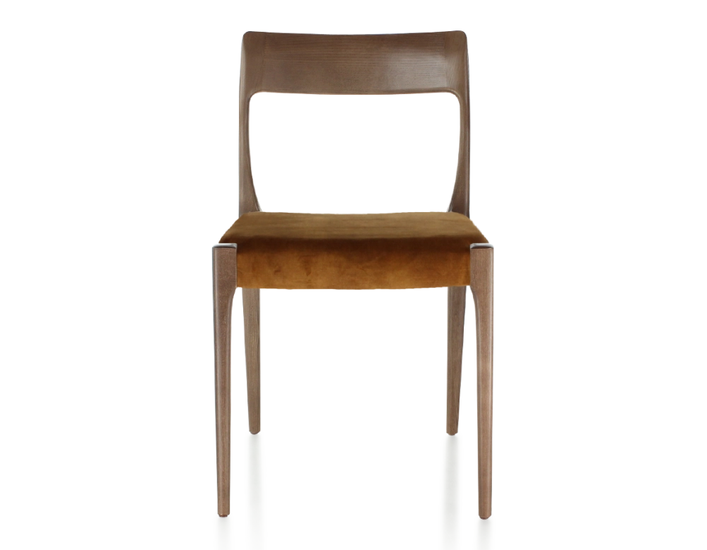 Chaise scandinave bois teinte marron foncé assise tissu velours bronze Chaise scandinave bois teinte marron foncé assise tissu velours bronze