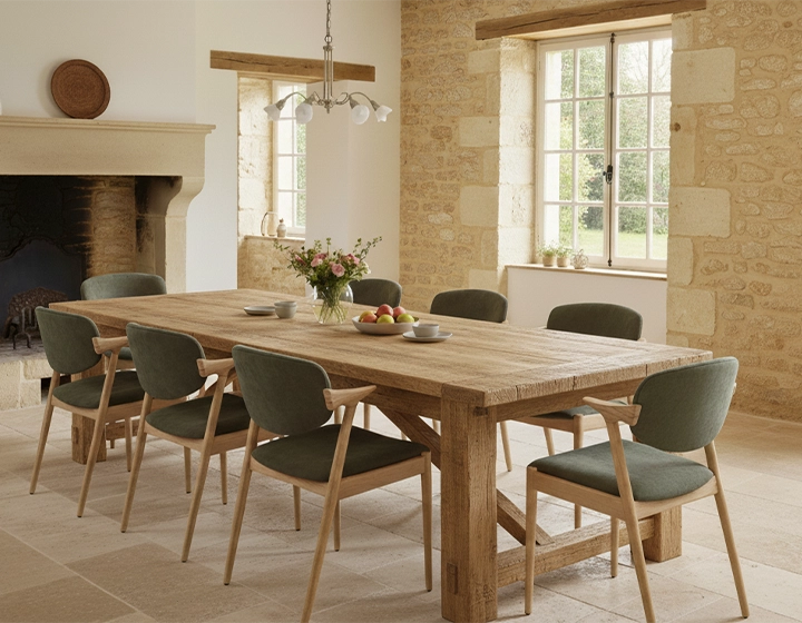 Chaise scandinave bois teinte naturelle assise tissu velours vert forêt