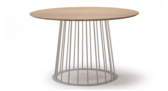 Round dining table in oak and metal white metal base and natural wood top finish 120x120