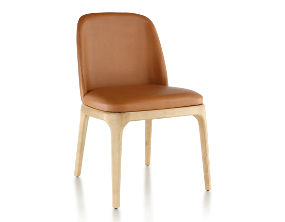 Designer chair natural stained wood and caramel leather