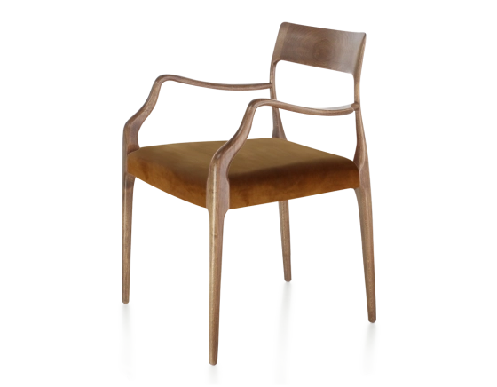 Scandinavian armchair with armrests wood stained walnut seat bronze velvet fabric