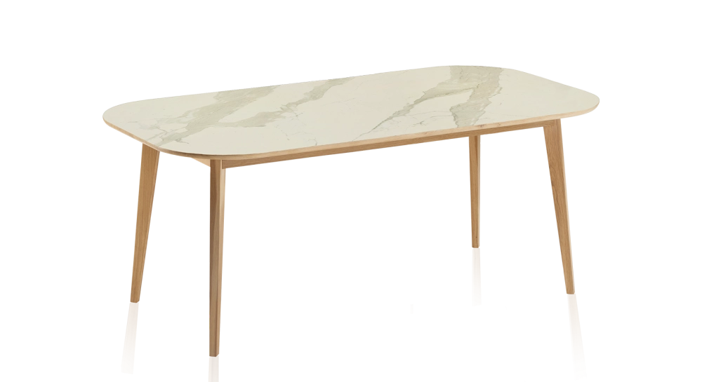 Table salle à manger en chêne et céramique 6 personnes avec bois teinte naturelle et plateau céramique effet marbre blanc 140x100 cm Table salle à manger en chêne et céramique 6 personnes avec bois teinte naturelle et plateau céramique effet marbre blanc 140x100 cm