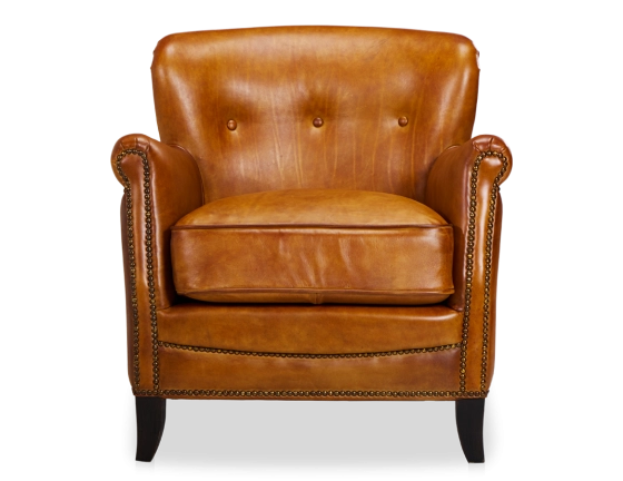 Fauteuil club cuir cognac accoudoirs cloutés