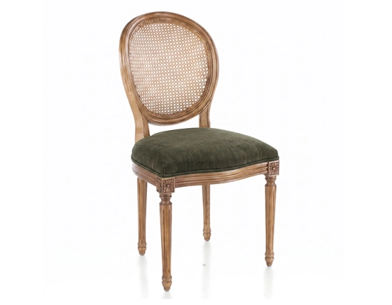 Chaise ancienne style Louis XVI bois teinte ancienne dossier canné assise tissu velours vert olive