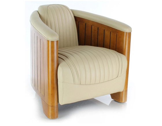 Fauteuil club bois et cuir beige
