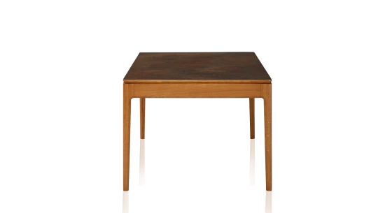 Table salle à manger 6 à 8 personnes en chêne et céramique avec bois teinte merisier et plateau céramique brun oxydé 140x90 cm