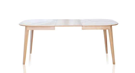 Table extensible en chêne et céramique allonges bois avec bois teinte naturelle et plateau céramique effet marbre blanc 140x90 cm