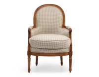 Louis XVI style bergère armchair wood antique stain and white and taupe houndstooth fabric Louis XVI style bergère armchair wood antique stain and white and taupe houndstooth fabric