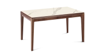Table extensible en noyer et céramique 6 à 10 personnes allonges céramique avec bois teinte naturelle et plateau et allonges céramique effet marbre blanc 140x90 cm