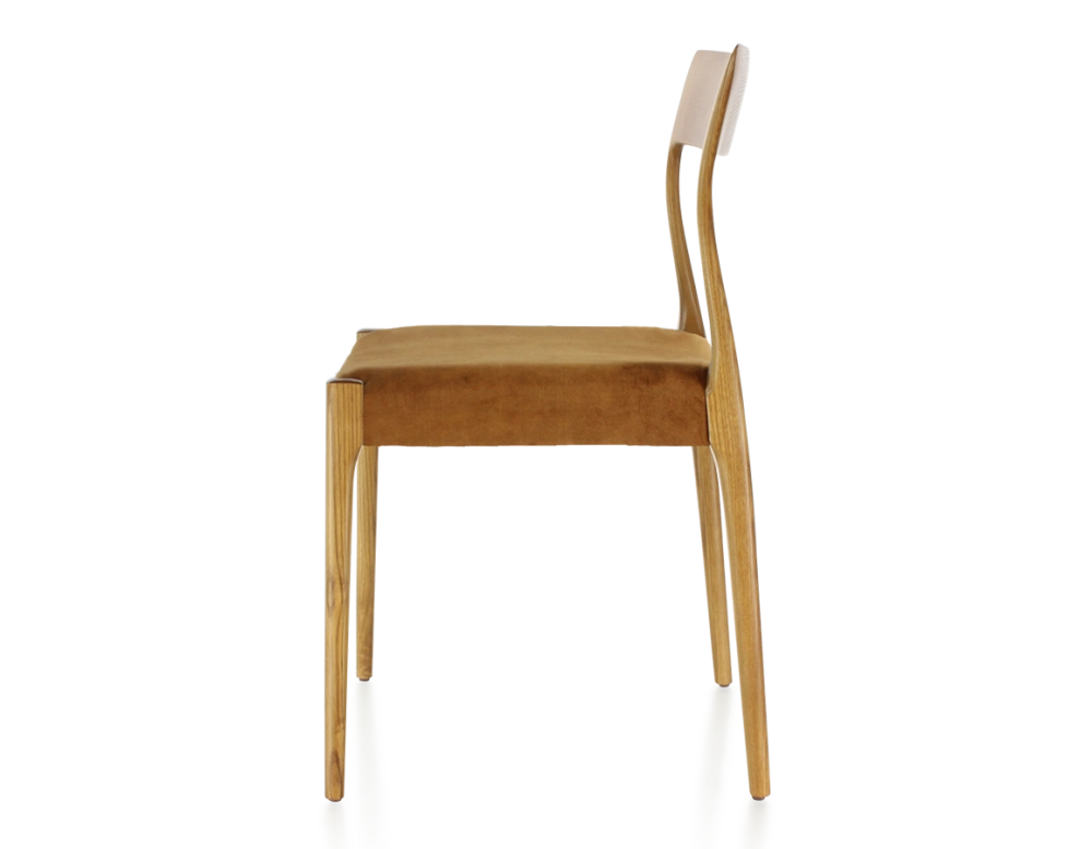 Chaise scandinave bois teinte merisier assise tissu velours bronze Chaise scandinave bois teinte merisier assise tissu velours bronze