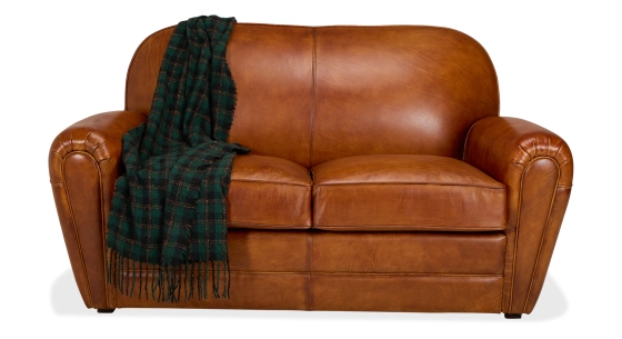 2 seater leather club sofa light brown piped armrests