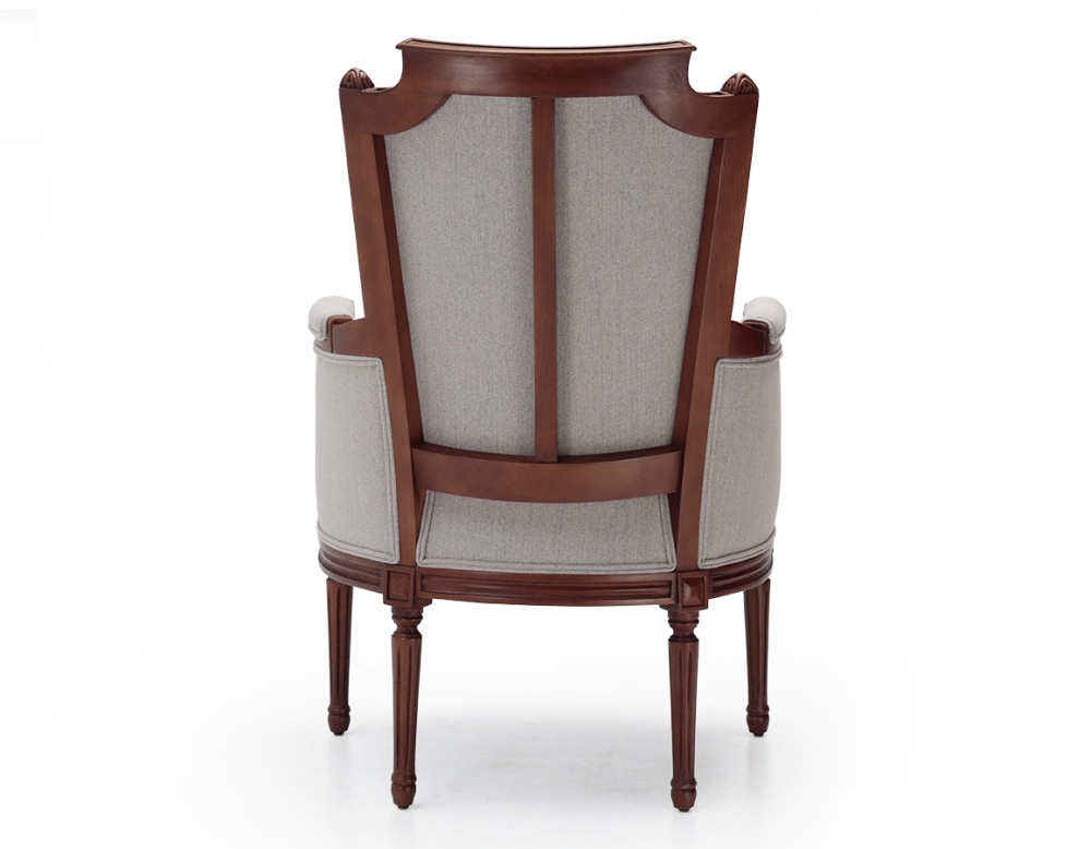 Louis XVI style bergère armchair wood antique stain and natural beige fabric Louis XVI style bergère armchair wood antique stain and natural beige fabric