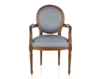 Antique Louis XVI style armchair with armrests aged wood stain and blue chevron fabric Antique Louis XVI style armchair with armrests aged wood stain and blue chevron fabric