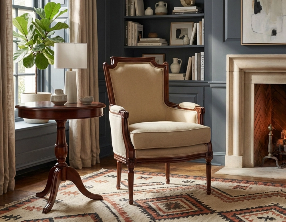 Fauteuil bergère style Louis XVI bois teinte ancienne et tissu crème