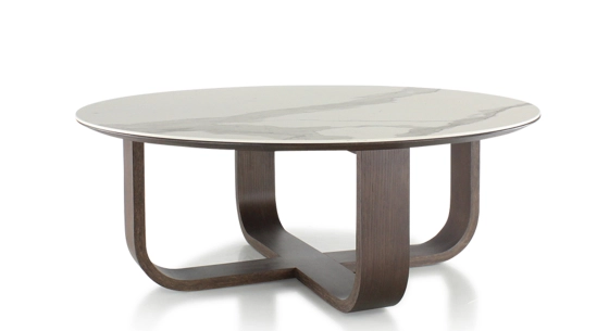 Round coffee table in oak and ceramic dark brown stained wood with a white marble-effect ceramic tabletop. 100x100 cm